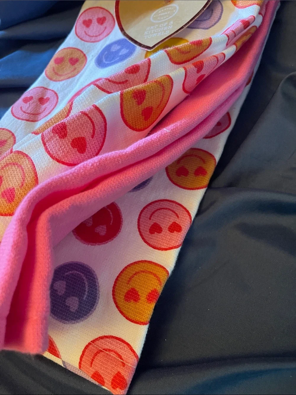 Smiley Face Kitchen Towels - 3 Pack (Pink, Purple, Yellow)